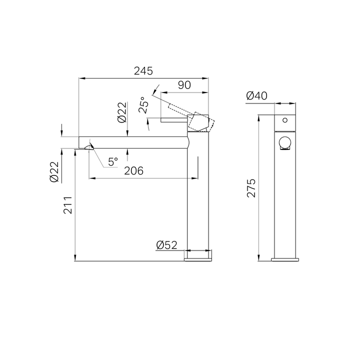 Nero Dolce II Tall Basin Mixer Line Drawing