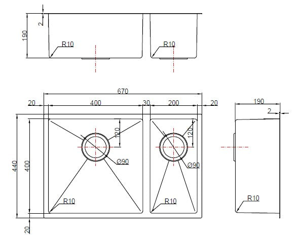 SLEEK 670 1½ bowl dimensions