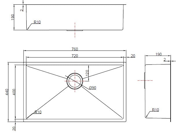 SLEEK 720 single bowl dimensions