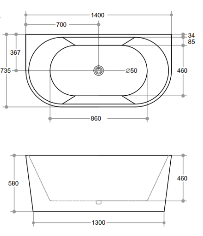 Glow 1400mm bath dimensions