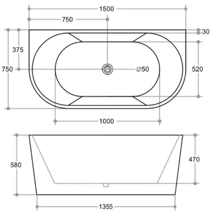Glow 1500mm bath dimensions