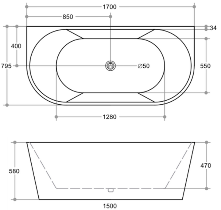 Glow 1700mm bath dimensions
