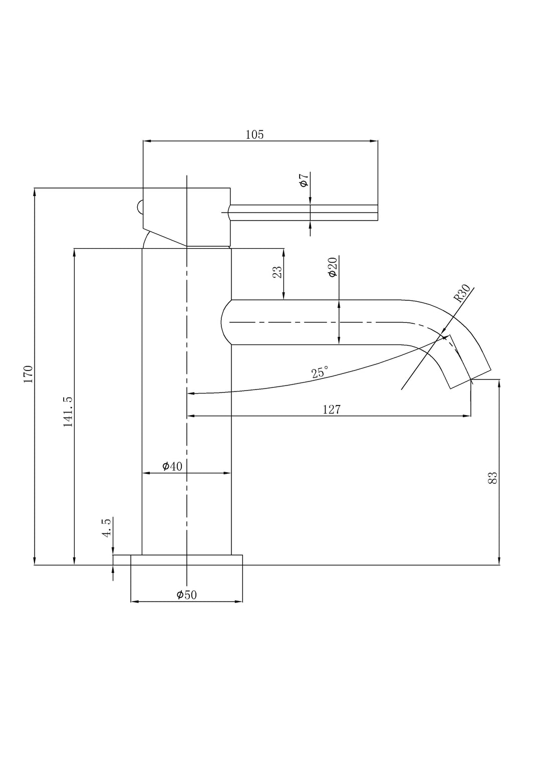 Ava Curved Basin Mixer dimensions
