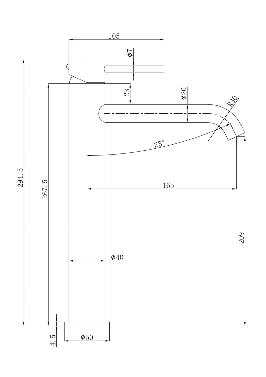 Ava High-Rise Curved Basin Mixer dimensions