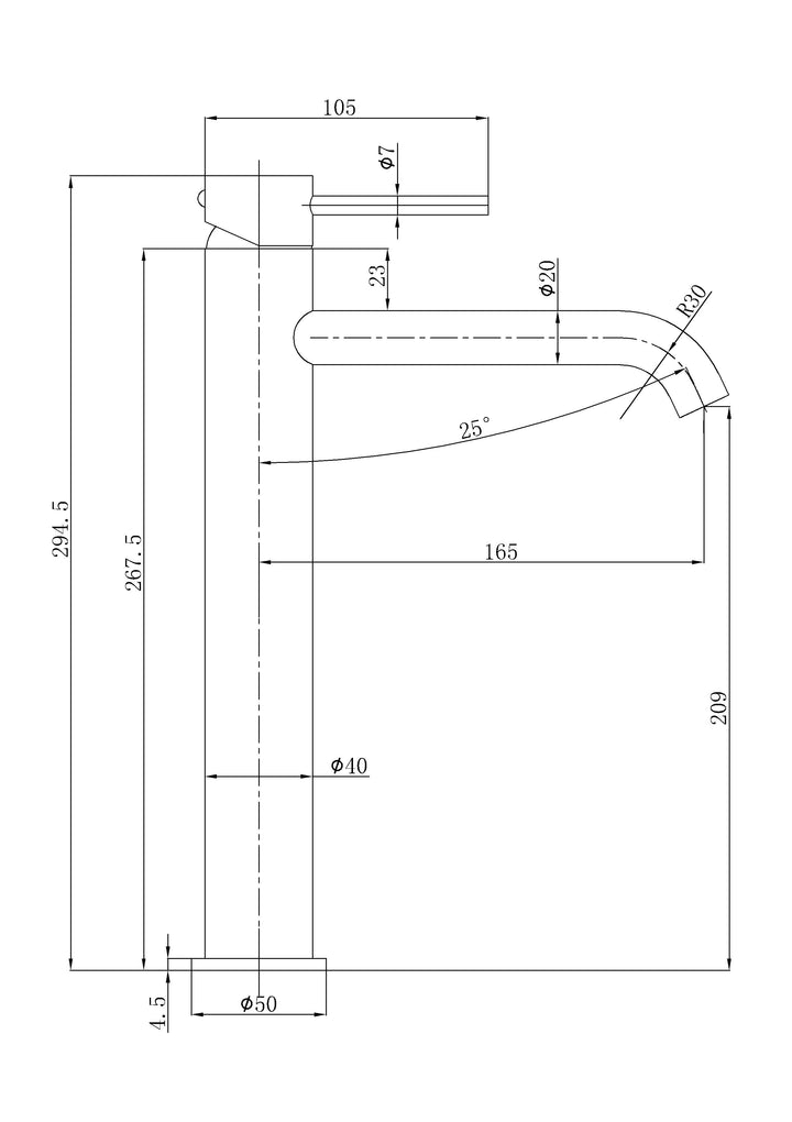Ava High-Rise Curved Basin Mixer dimensions