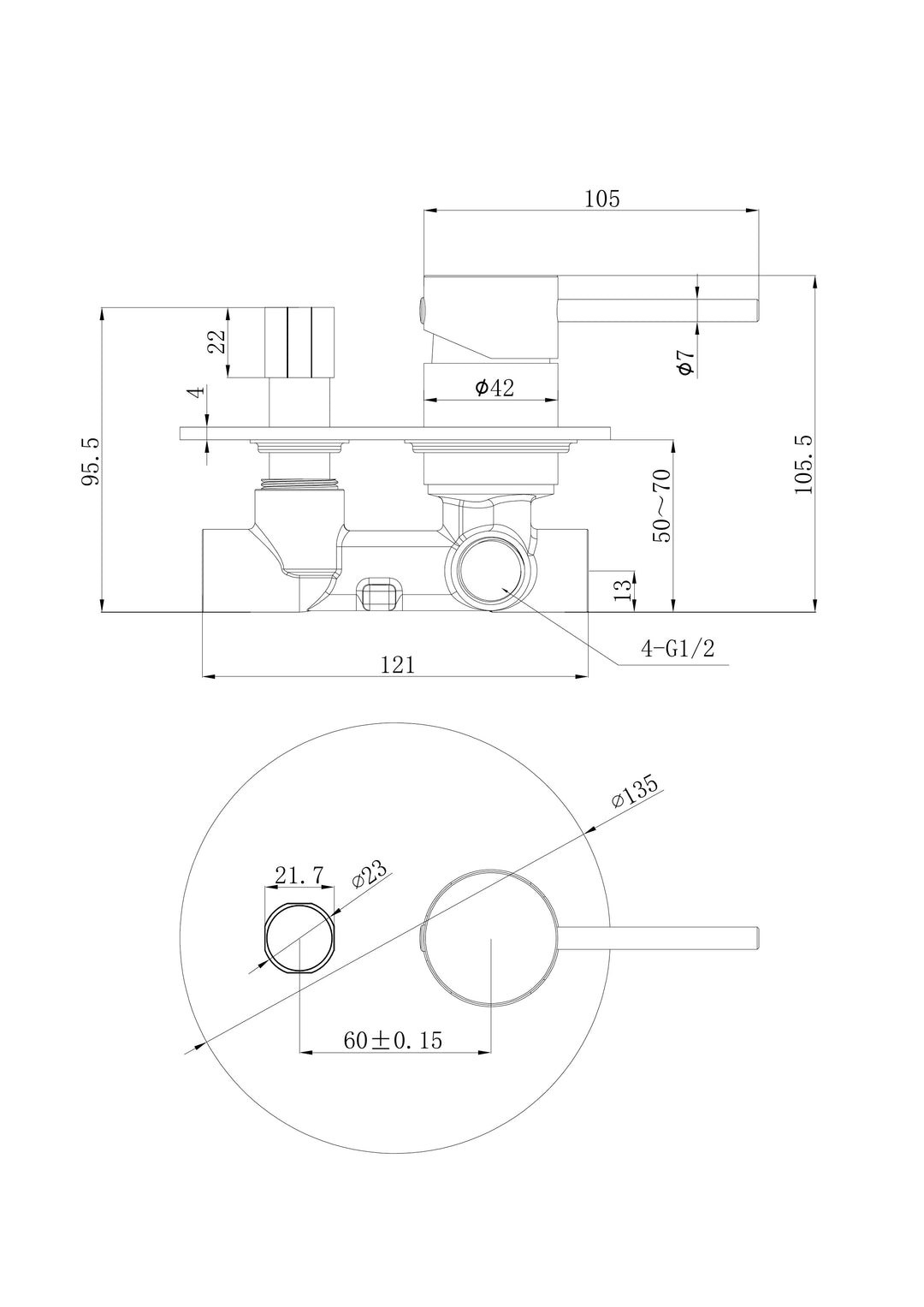 Ava Wall Mixer with Diverter dimensions