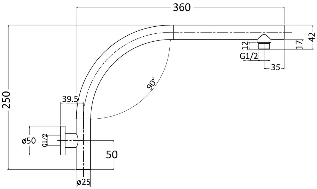 Impressions Evie Curved Shower Arm dimensions