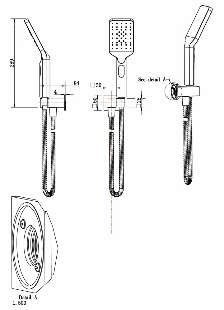 Impressions Seto hand shower and bracket dimensions