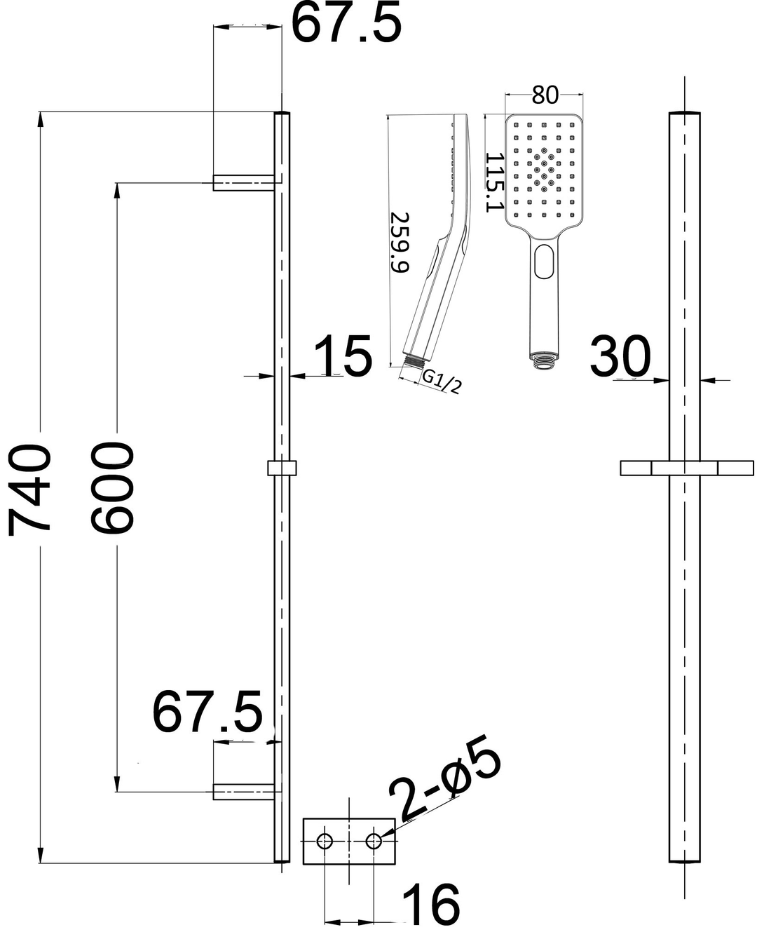 Impressions Seto Square Sliding Shower Set dimensions