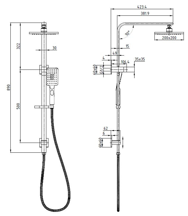Impressions Seto Square Multi-function Shower Set dimensions