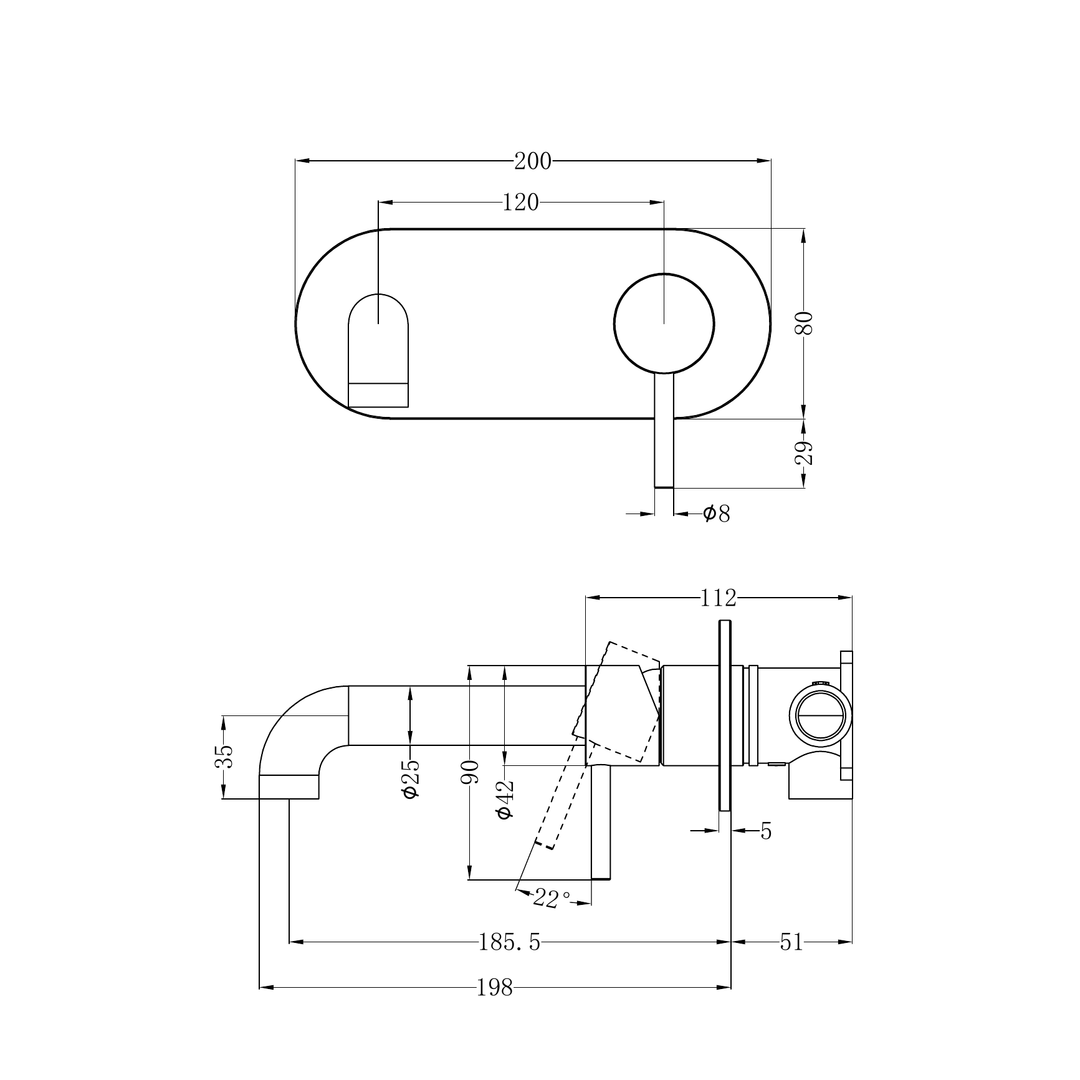 Nero Zen Wall Basin/Bath Mixer 185mm Spout Line Drawing