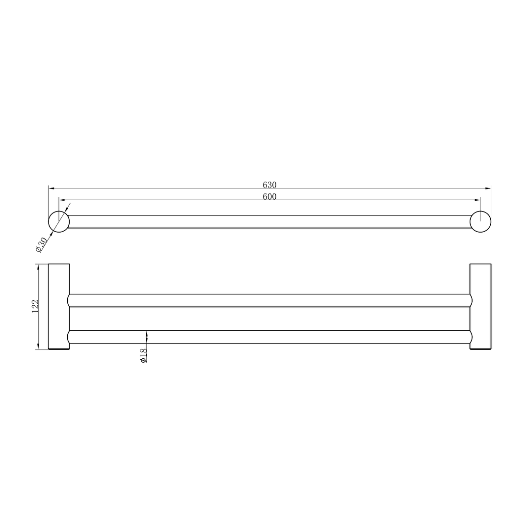 Nero Zen Double Towel Rail 600mm Line Drawing
