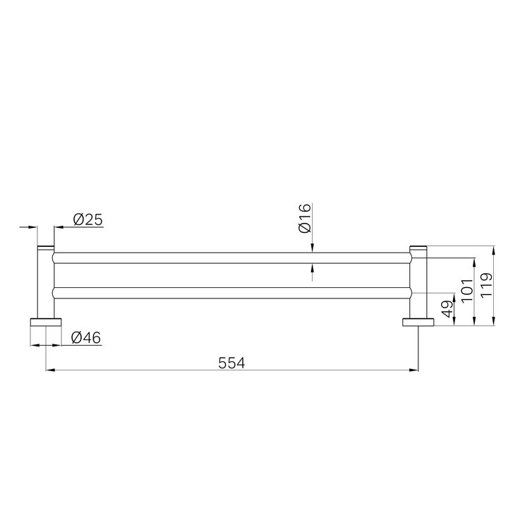 Nero Dolce II Double Towel Rail 600mm CP Line Drawing