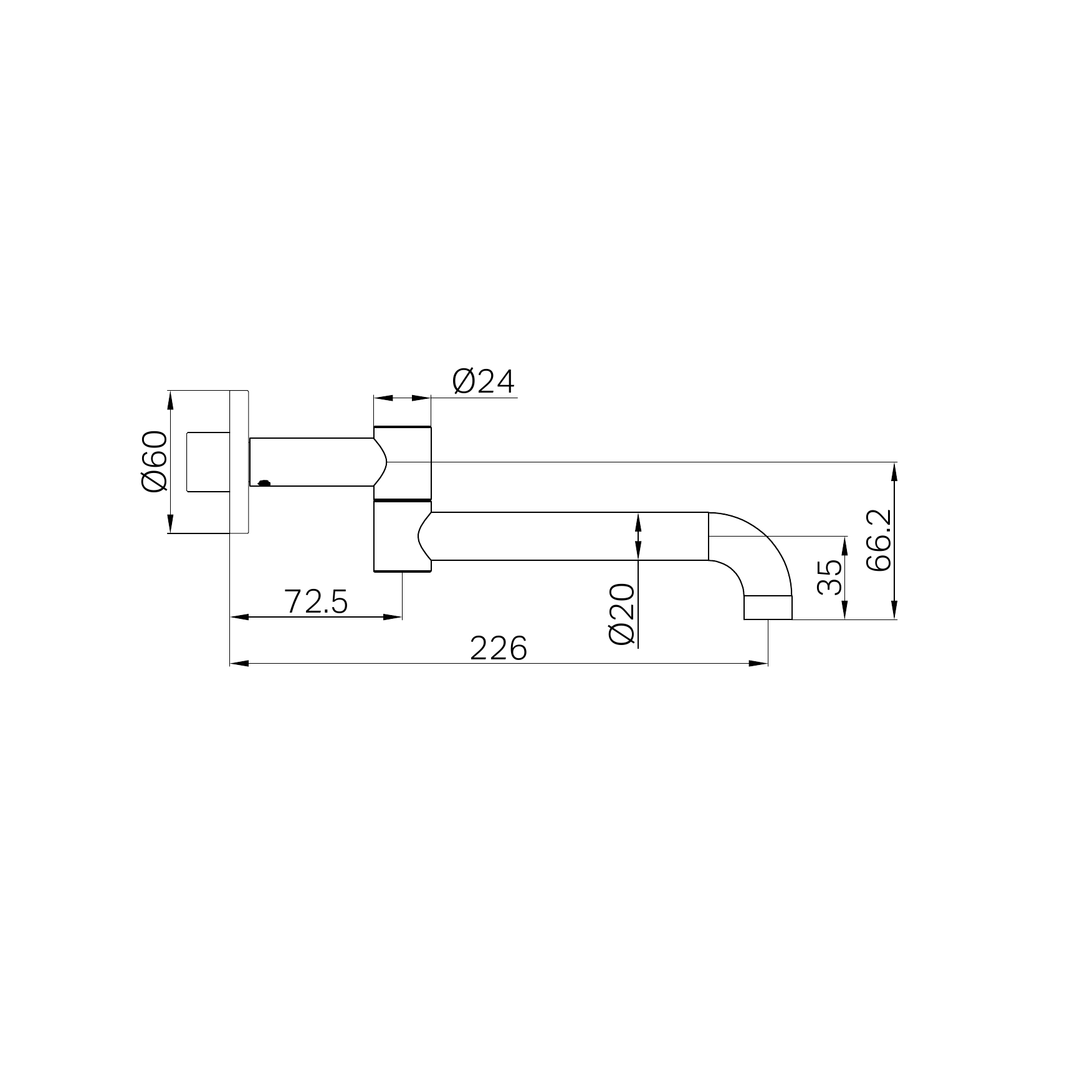 Nero Mecca Wall Mounted Swivel Bath Spout 225mm BB Line Drawing