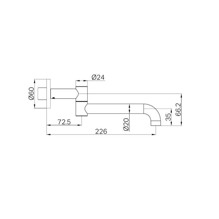 Nero Mecca Wall Mounted Swivel Bath Spout 225mm BB Line Drawing