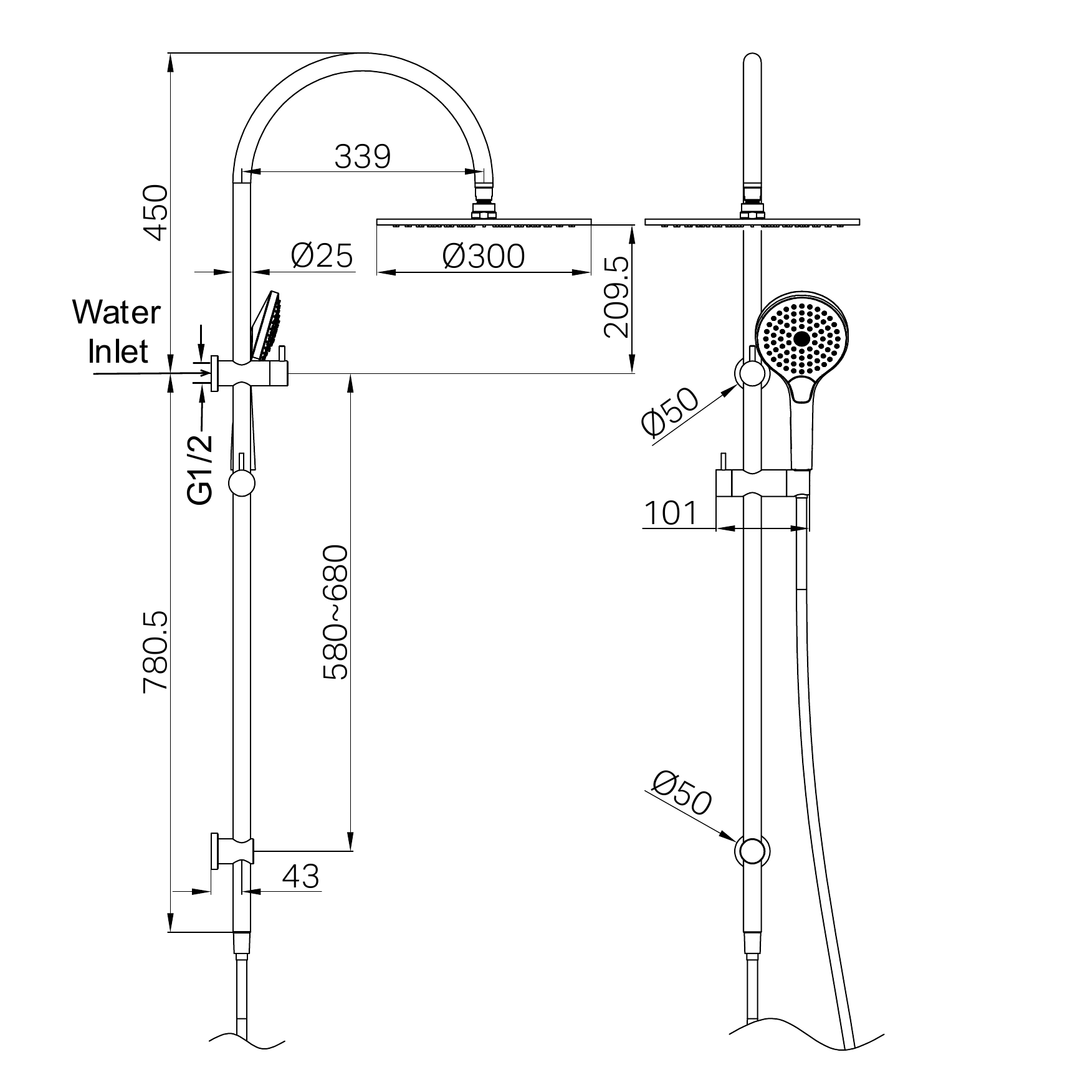 Nero Mecca Twin Shower w/ Air Shower II BB Line Drawing