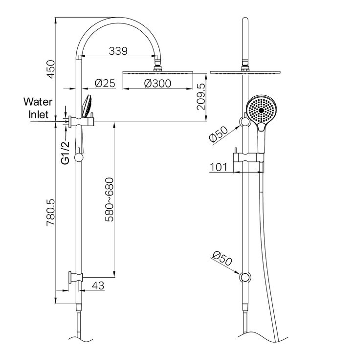 Nero Mecca Twin Shower w/ Air Shower II BB Line Drawing