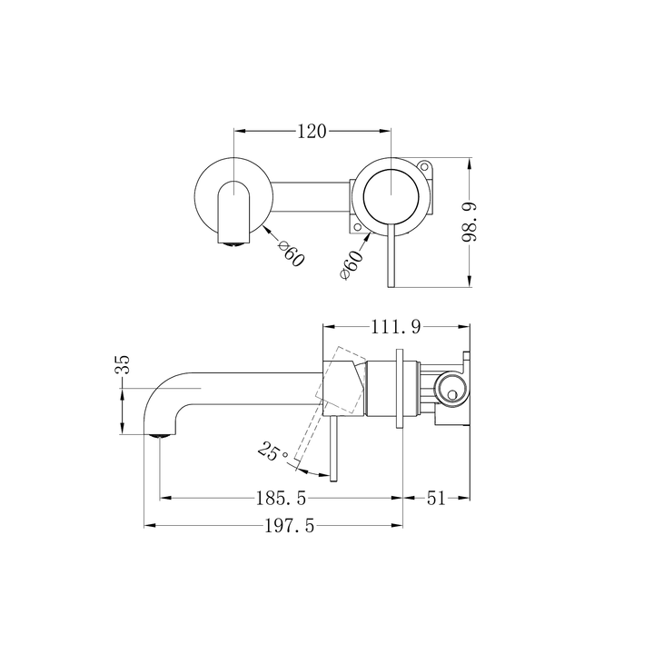 Nero Mecca Wall Basin/Bath Mixer 185mm Line Drawing