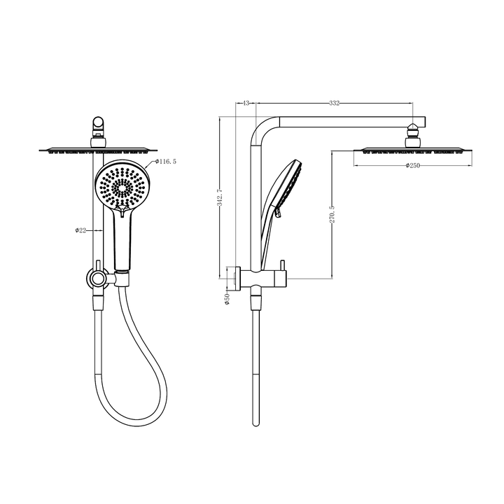 Nero Mecca 2 In 1 Twin Shower Line Drawing