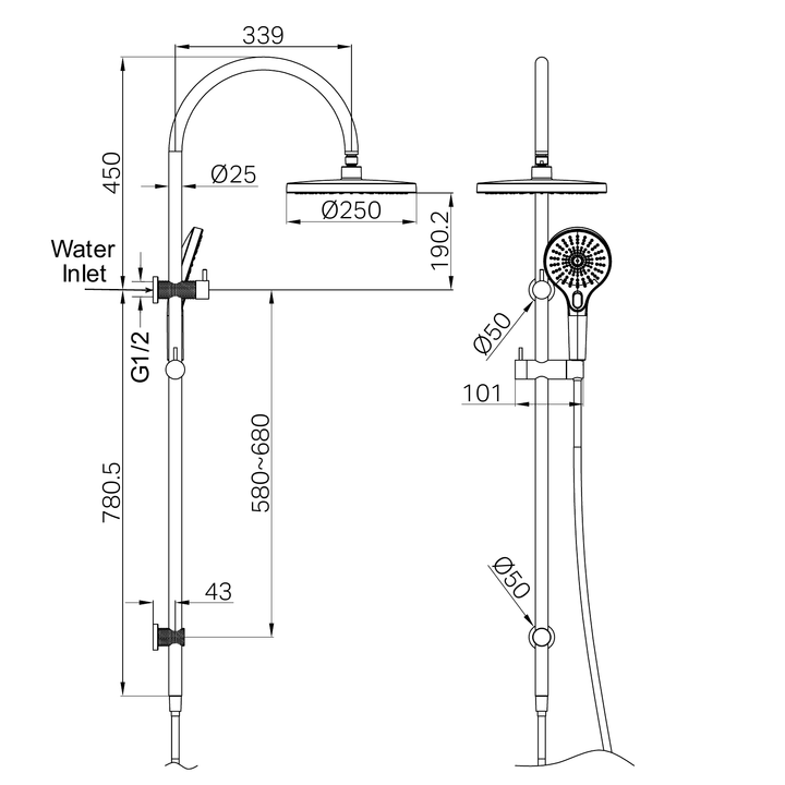 Nero Opal Twin Shower Line Drawing