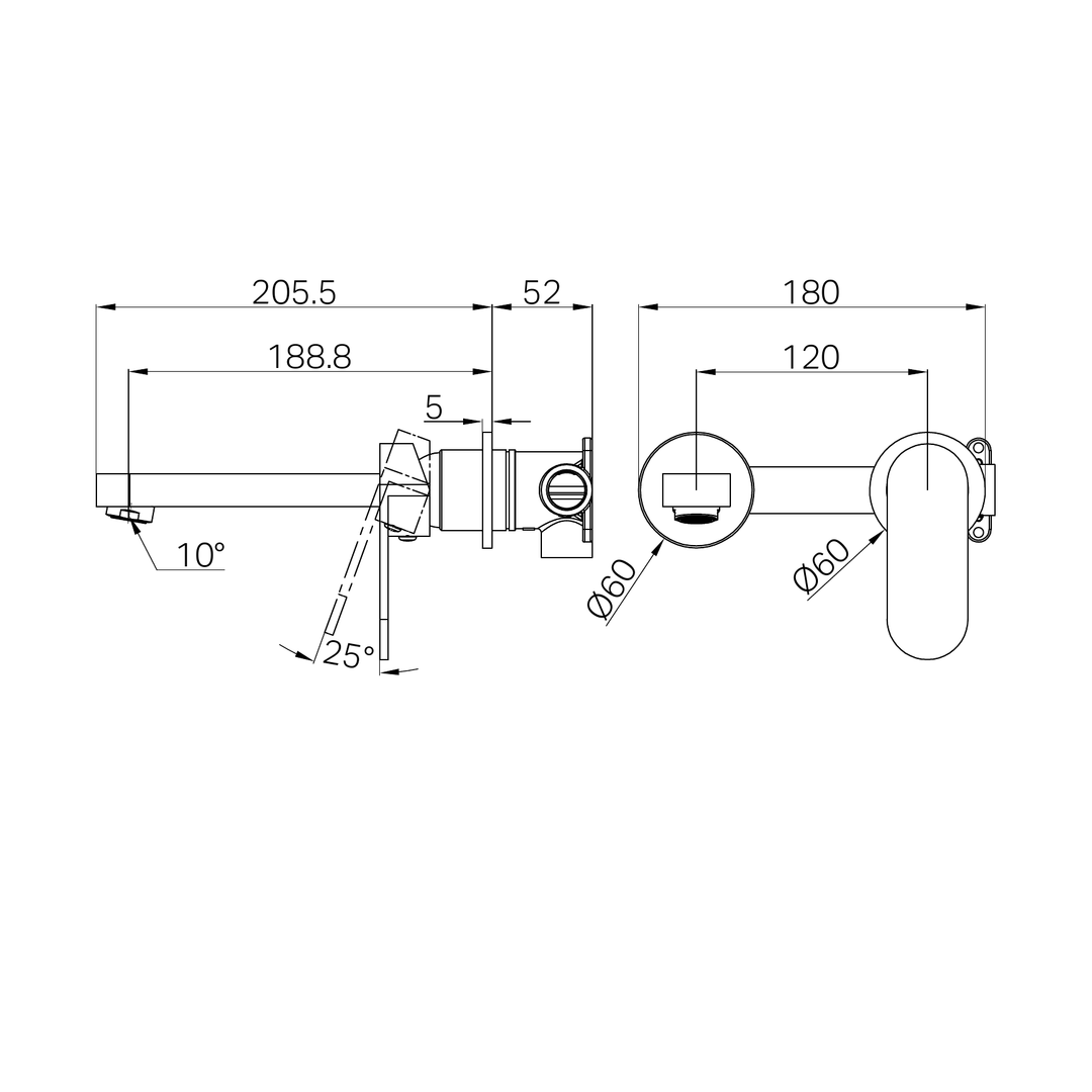 Nero Ecco Wall Basin/Bath Mixer 60mm Line Drawing