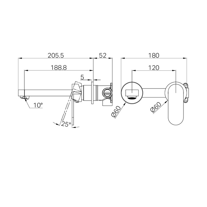 Nero Ecco Wall Basin/Bath Mixer 60mm Line Drawing