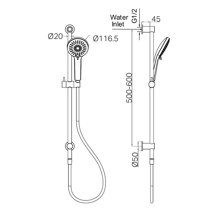 Nero 3-Function Shower Rail Line Drawing