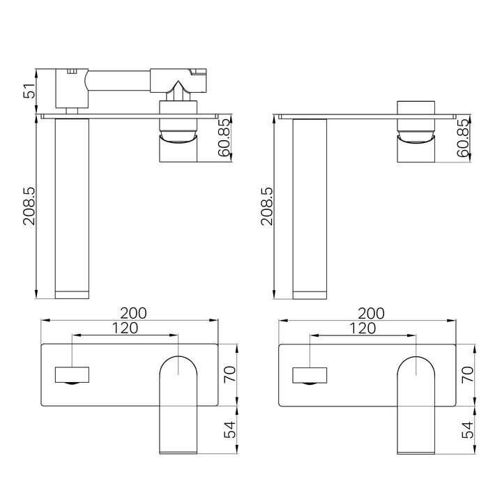 Nero Bianca Wall Basin/Bath Mixer 187mm BB Line Drawing