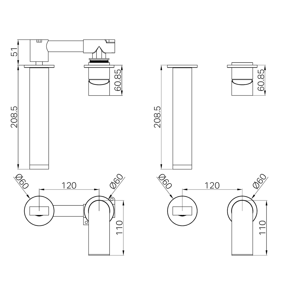 Nero Bianca Wall Basin/Bath Mixer 187mm CP Line Drawing