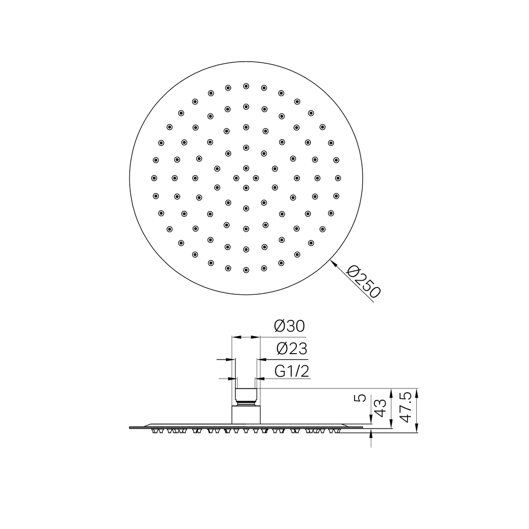 Nero 250mm Round SS Shower Head Line Drawing