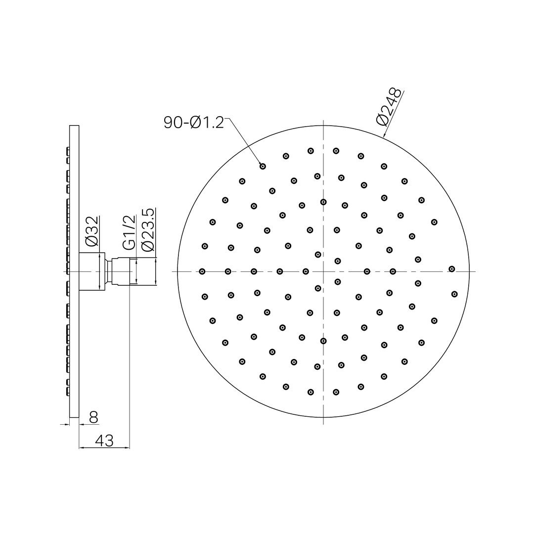 Nero 250mm Round Metal Shower Head II Line Drawing