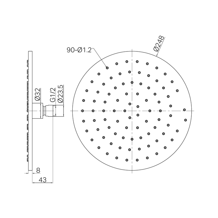 Nero 250mm Round Metal Shower Head II Line Drawing