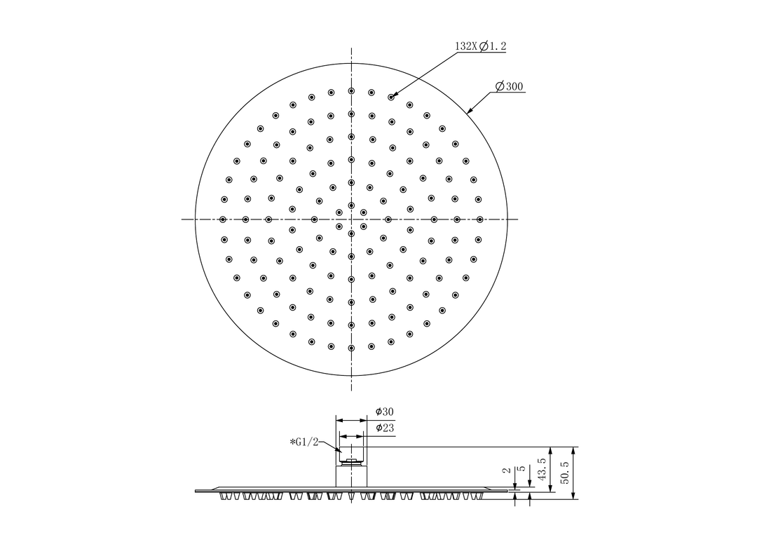 Nero Zen 300mm Round Shower Head Line Drawing
