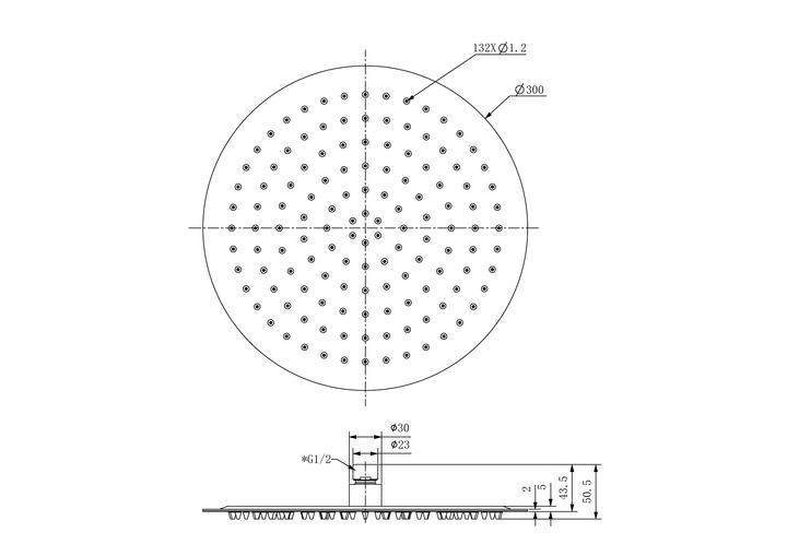 Nero Zen 300mm Round Shower Head Line Drawing