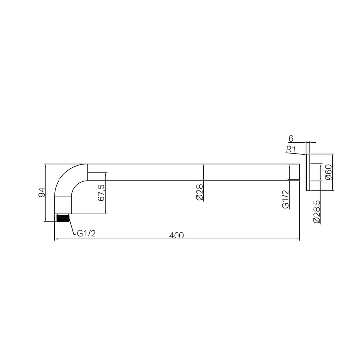 Nero Zen Round Shower Arm 400mm Line Drawing