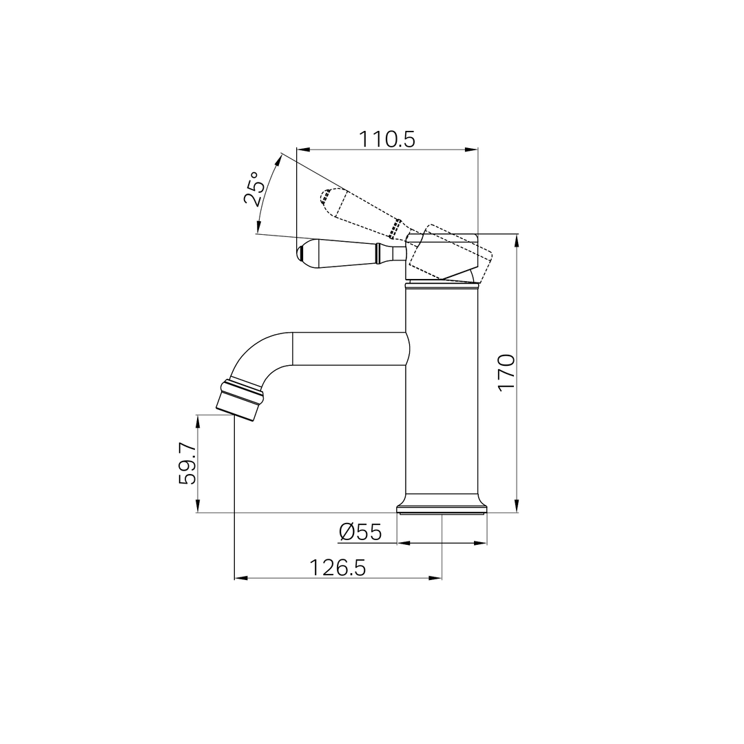 Nero York Straight Basin Mixer w/ Metal Lever Line Drawing