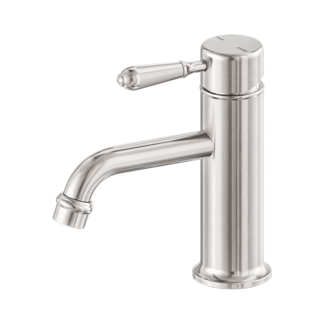Nero York Straight Basin Mixer w/ Metal Lever Brushed Nickel