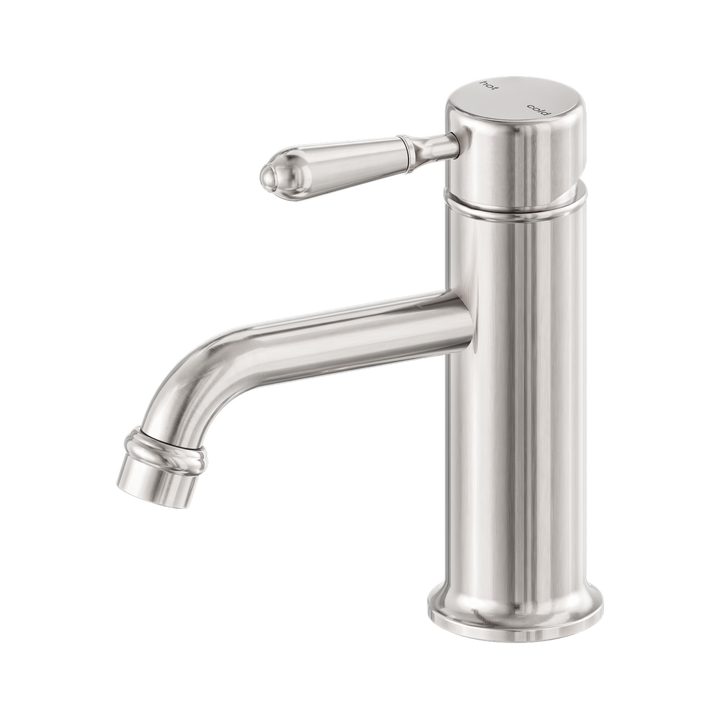 Nero York Straight Basin Mixer w/ Metal Lever Brushed Nickel