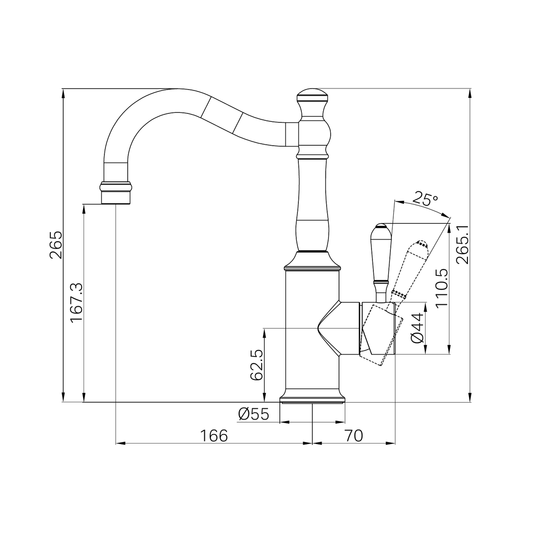 Nero York Basin Mixer Hook Spout w/ Porcelain Lever Line Drawing