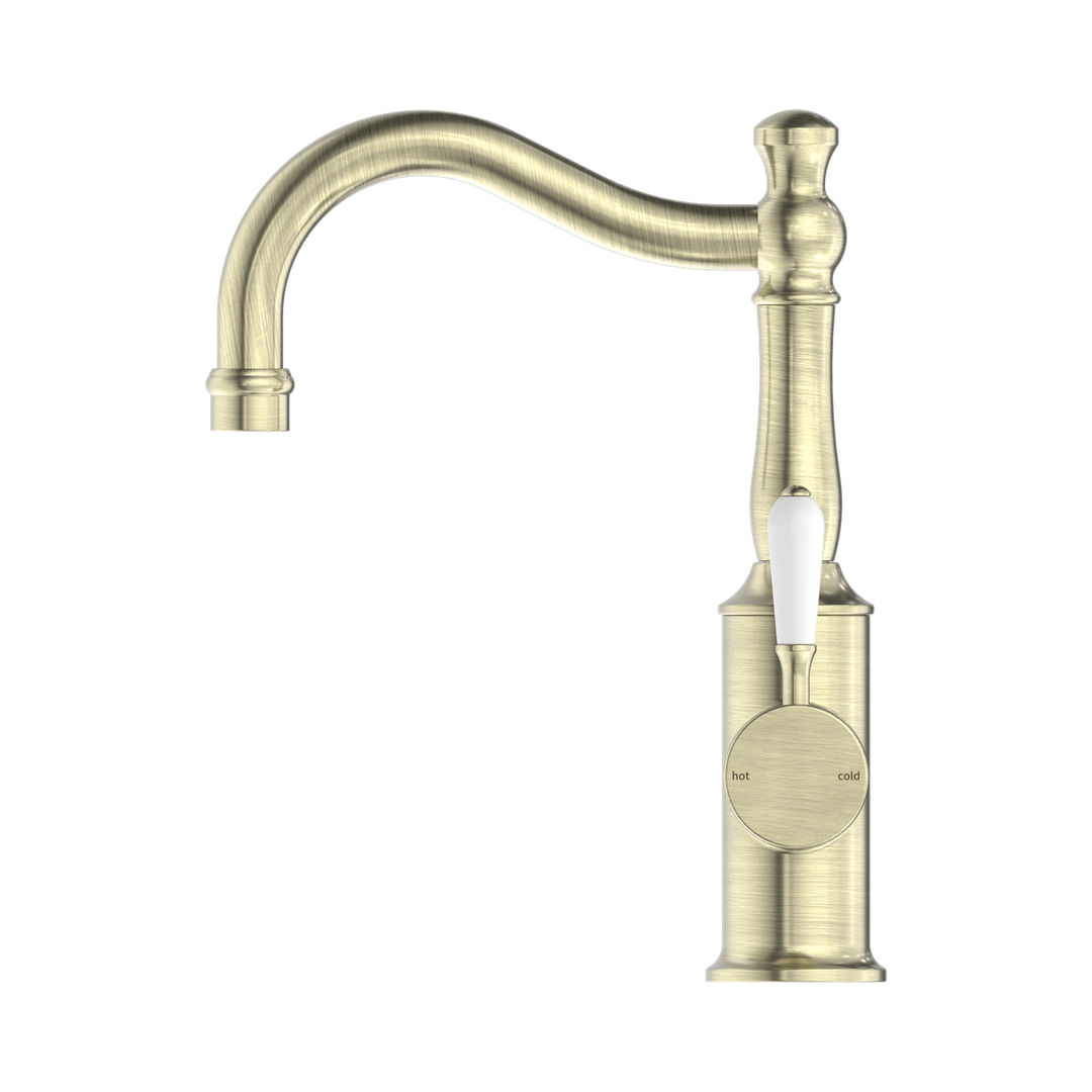 Nero York Basin Mixer Hook Spout w/ Porcelain Lever Aged Brass