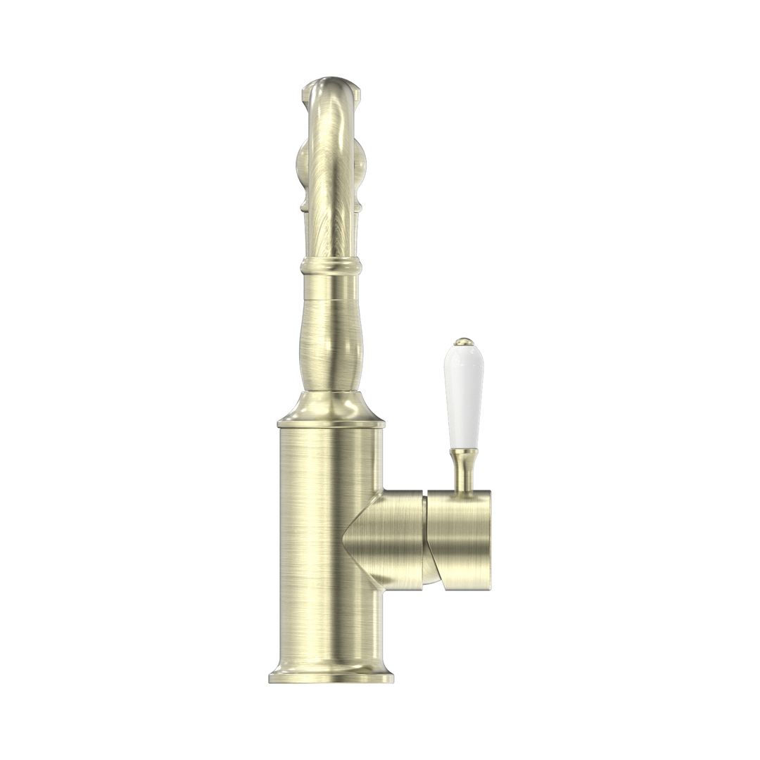 Nero York Basin Mixer Hook Spout w/ Porcelain Lever Aged Brass