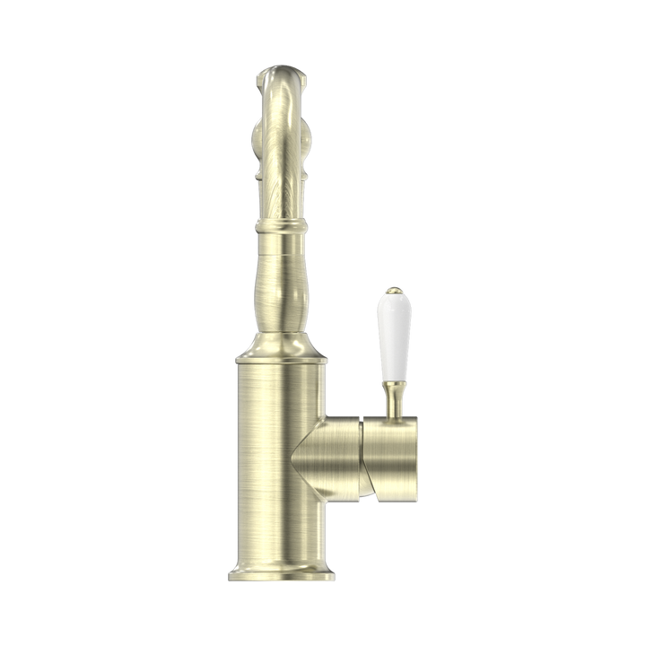 Nero York Basin Mixer Hook Spout w/ Porcelain Lever Aged Brass