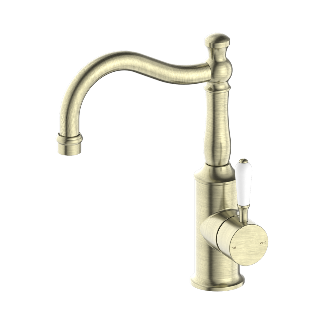 Nero York Basin Mixer Hook Spout w/ Porcelain Lever Aged Brass