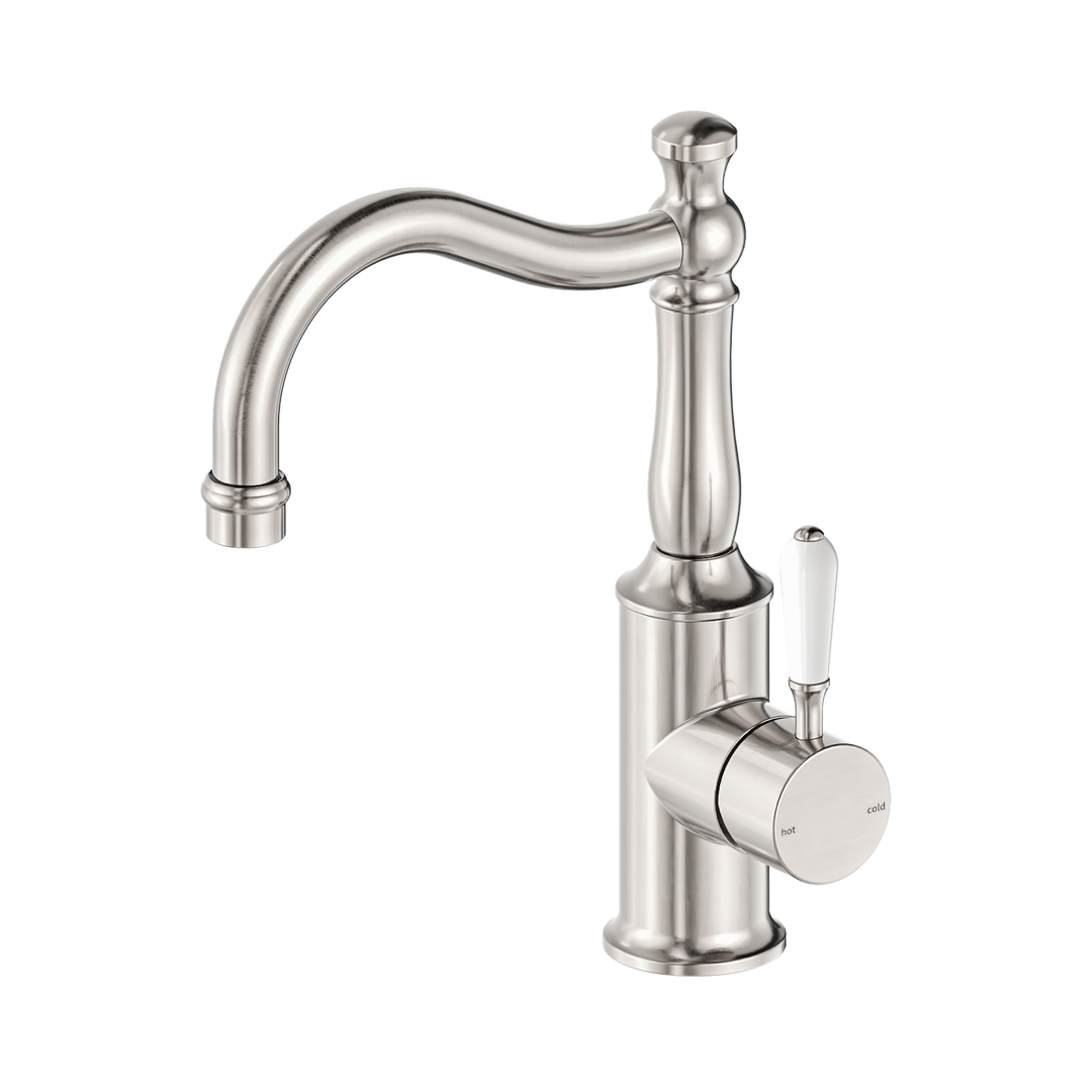 Nero York Basin Mixer Hook Spout w/ Porcelain Lever Brushed Nickel