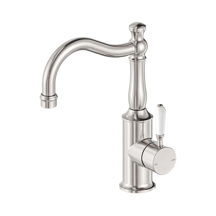 Nero York Basin Mixer Hook Spout w/ Porcelain Lever Brushed Nickel