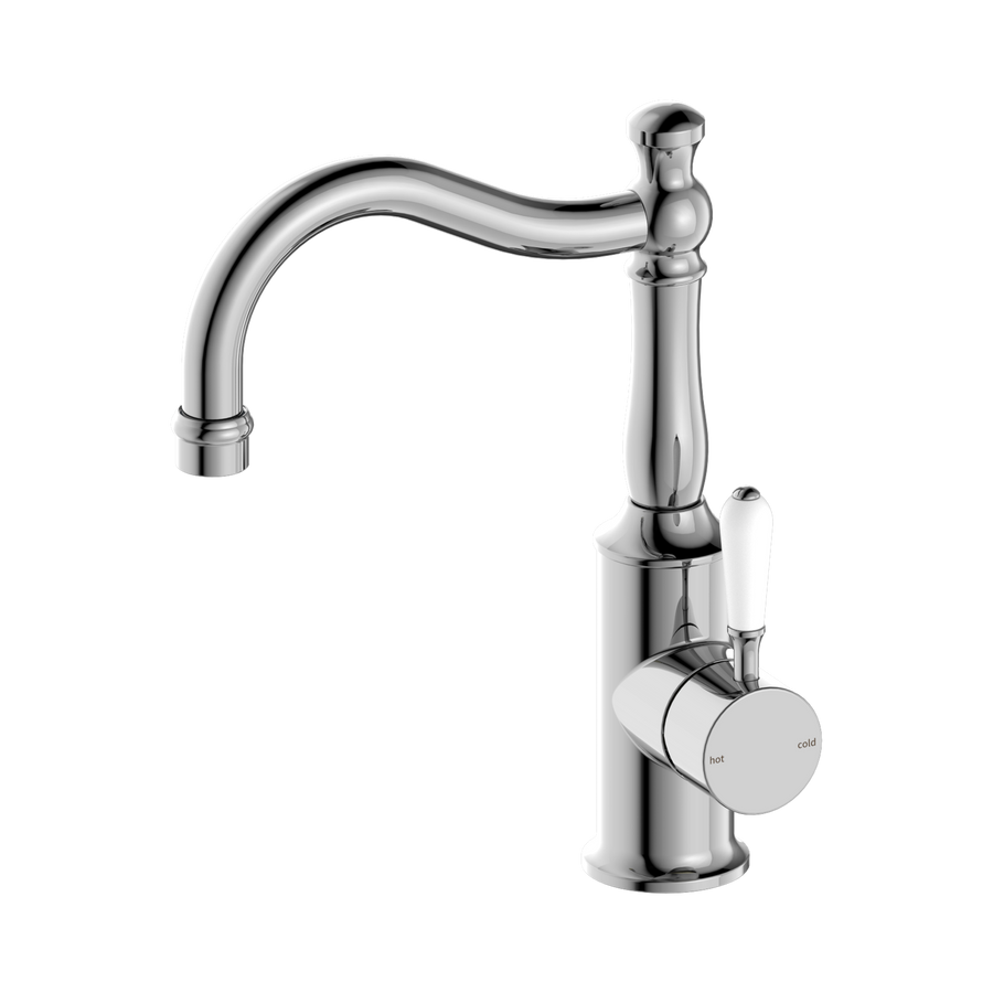 Nero York Basin Mixer Hook Spout w/ Porcelain Lever Chrome