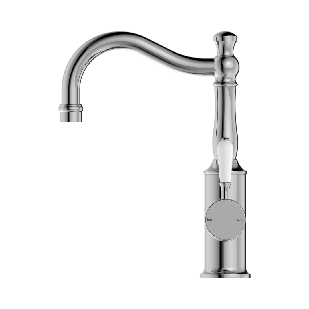 Nero York Basin Mixer Hook Spout w/ Porcelain Lever Chrome