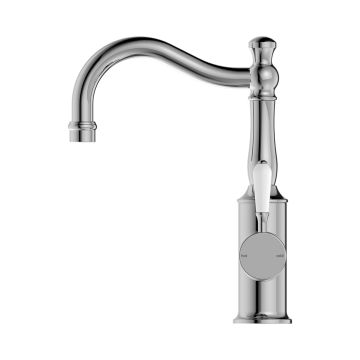 Nero York Basin Mixer Hook Spout w/ Porcelain Lever Chrome