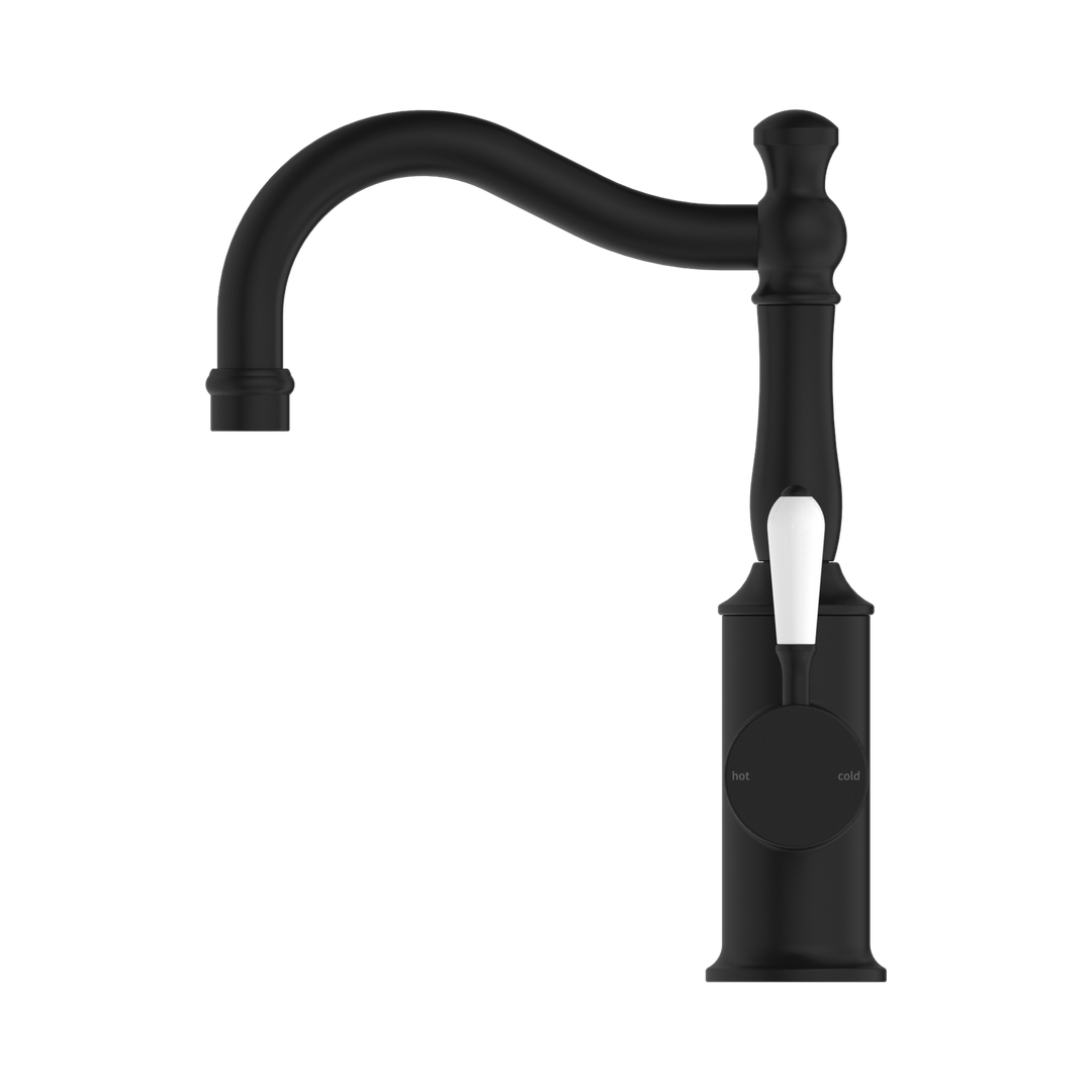 Nero York Basin Mixer Hook Spout w/ Porcelain Lever Matte Black