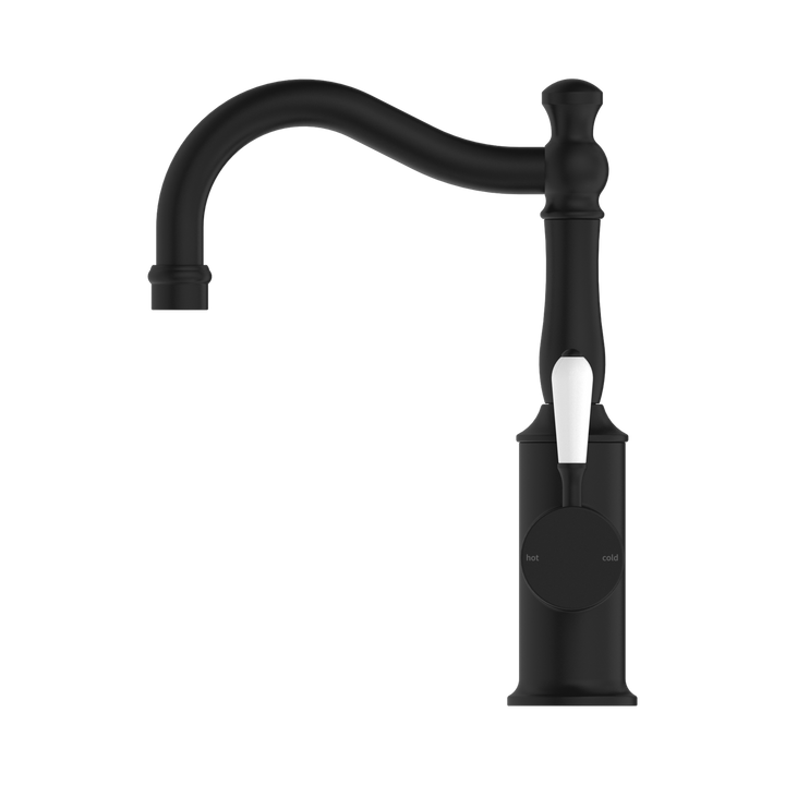 Nero York Basin Mixer Hook Spout w/ Porcelain Lever Matte Black